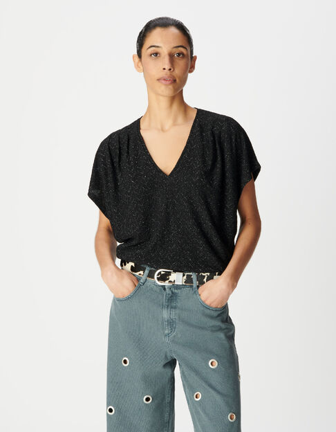 Women's loose-fit black T-shirt in fancy lurex knit - IKKS