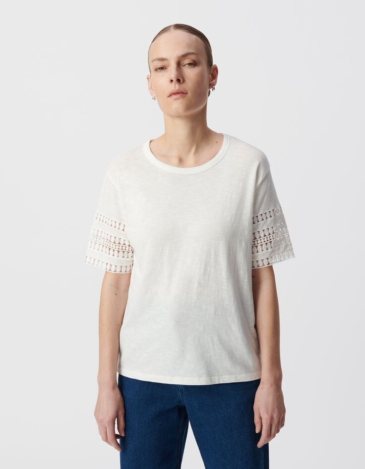 White crew neck T-shirt with lace sleeves-2 White crew neck T-shirt with lace sleeves-2