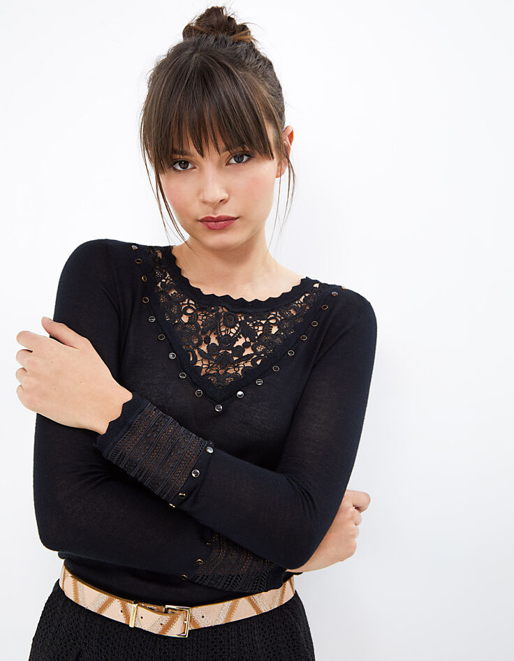 Pull noir tricot fin à plastron dentelle et clous I.Code-1