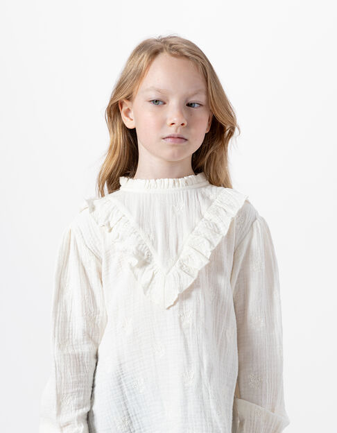 Chemise écrue gaze de coton brodée fleurs fille - IKKS