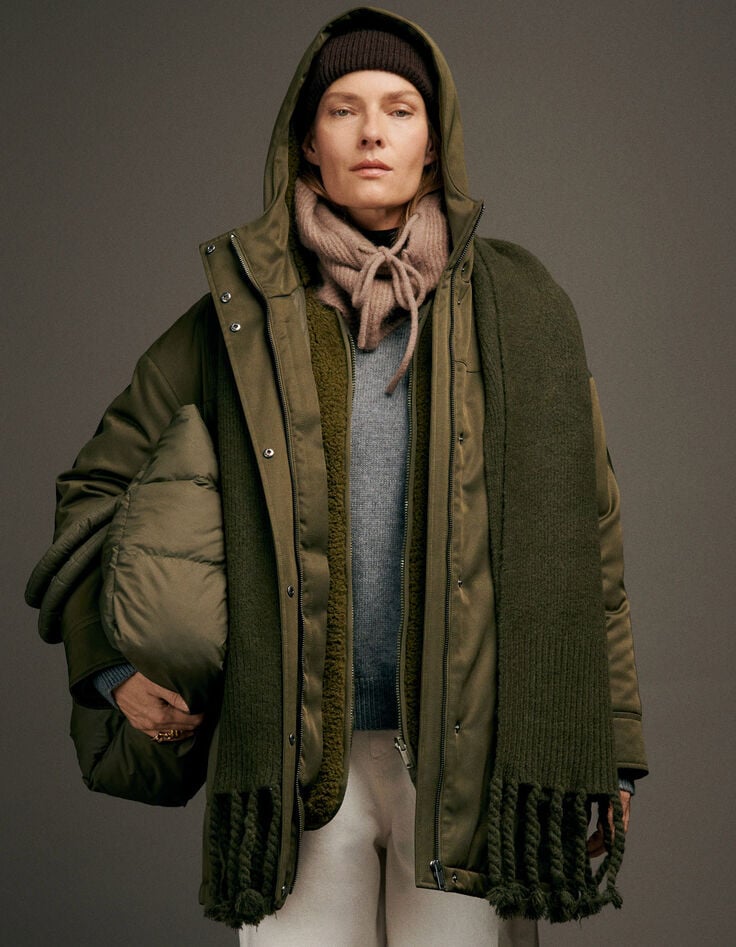 Women’s khaki knit fringed scarf-7