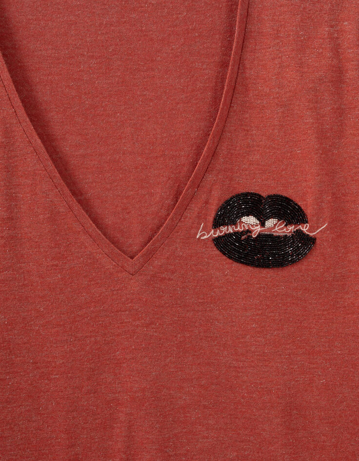 Damen-T-Shirt mit Glitzermund und Stickerei-2