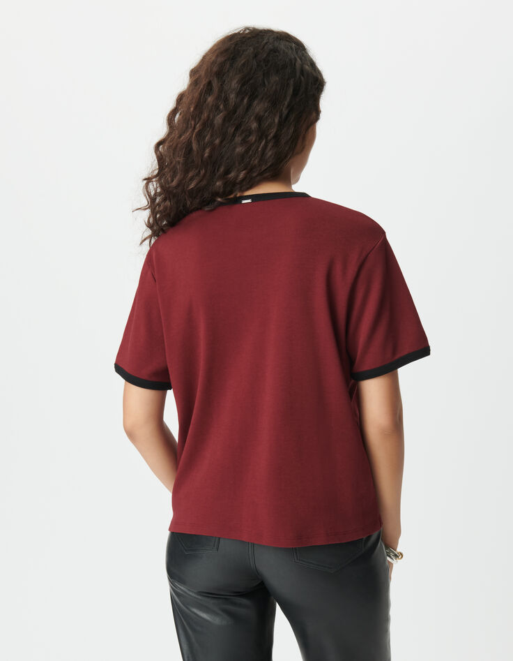 Women’s burgundy T-shirt with flocked velvet slogan-3