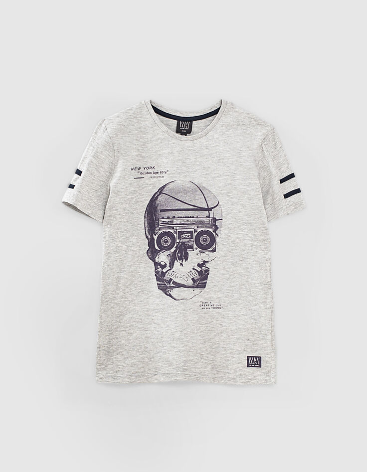 Boys’ grey organic T-shirt with skull, radio and trainers-1