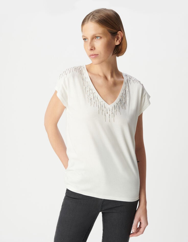Women's white V-neck tee-shirt with jewel design-2