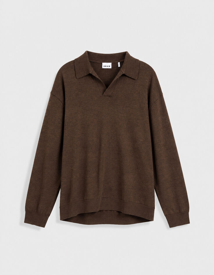 Bruin gebreid poloshirt met lange mouwen voor heren-1