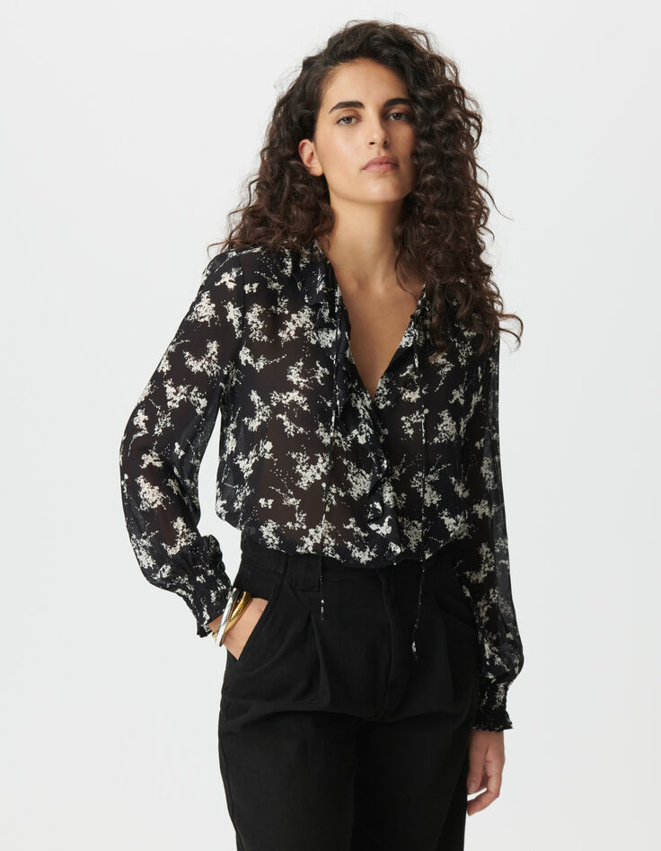 Chemise noire voile imprimé fleurs sauvages Femme-2