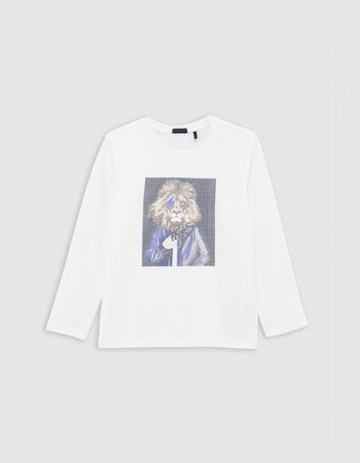 T-shirt blanc coton bio visuel homme-lion garçon - IKKS