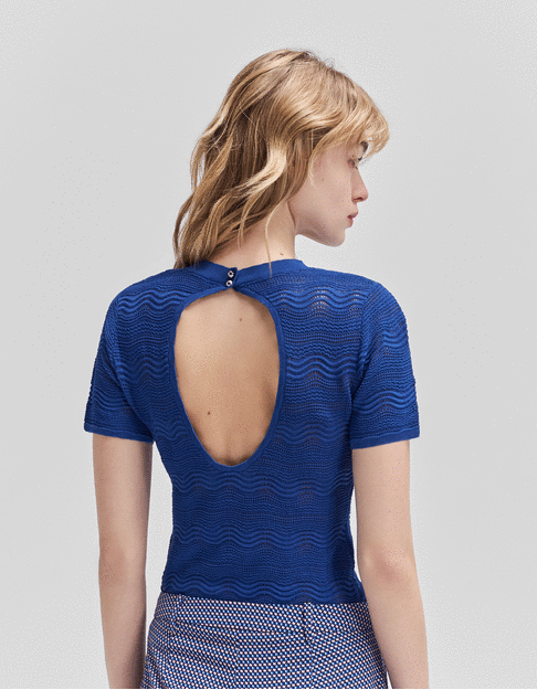 Women’s cobalt decorative openwork knit backless T-shirt - IKKS
