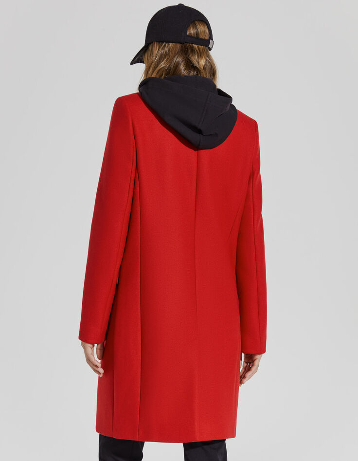 Manteau rouge mi-long en laine à capuche en molleton femme-3