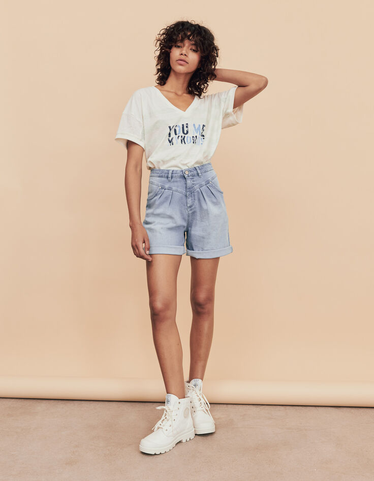 Blaue Bleached Damenjeansbermudas mit Steppnaht vorne-1