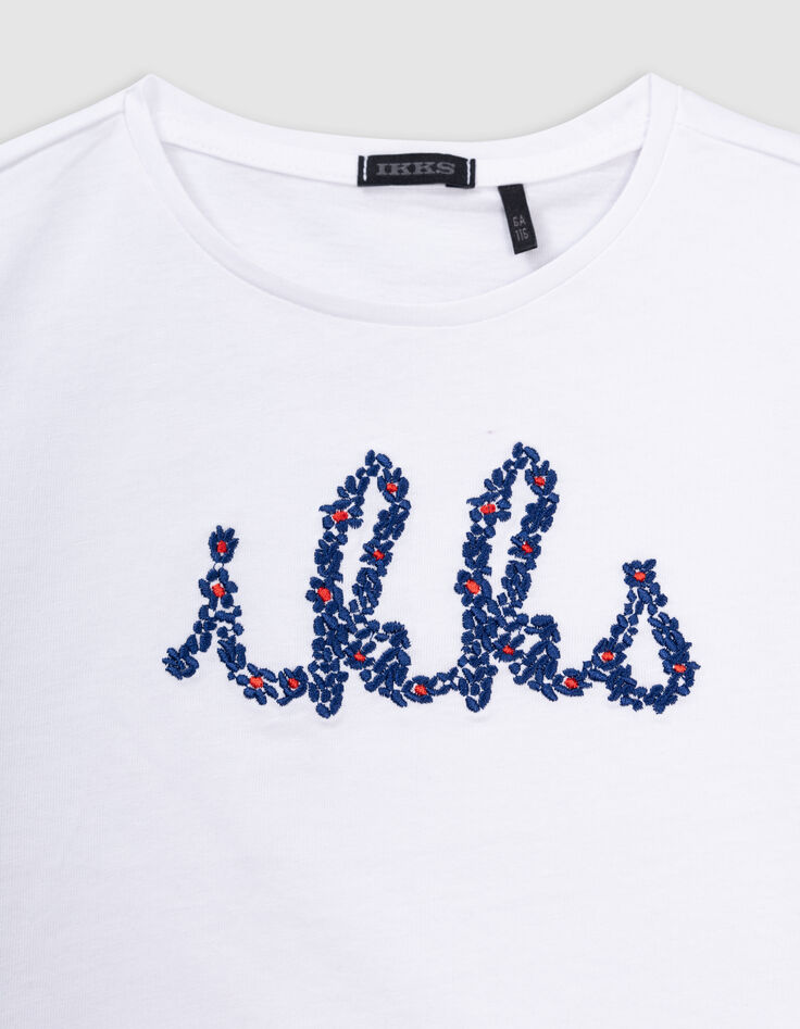 T-shirt blanc coton bio brodé IKKS marine fille-3