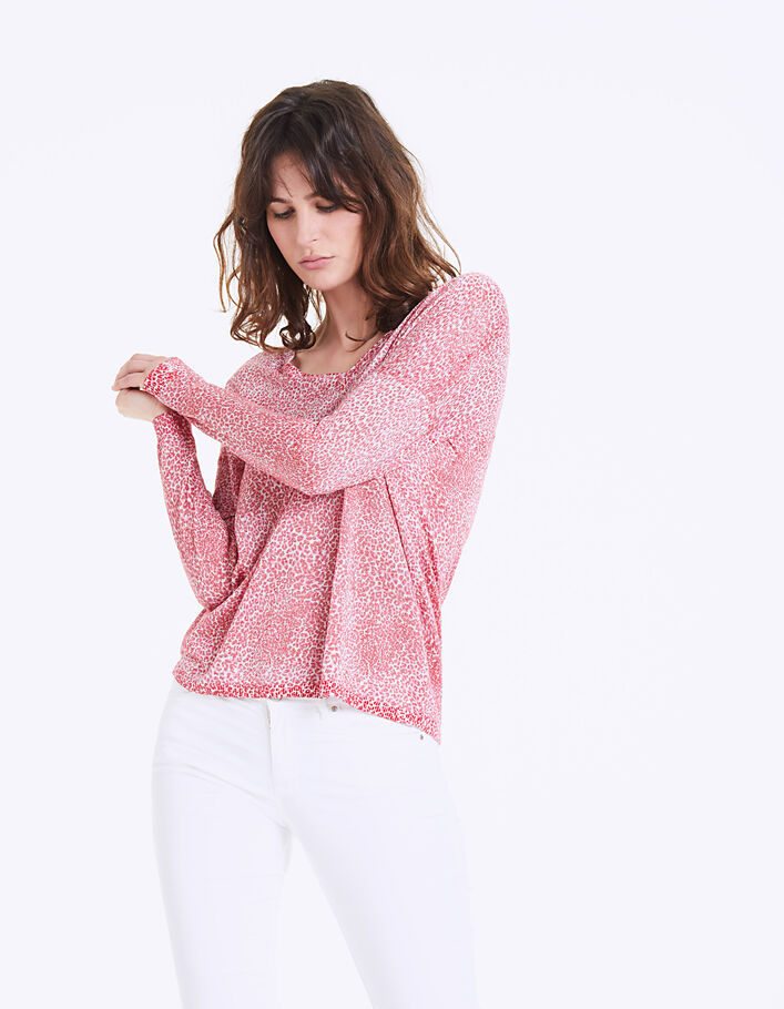 Pull col V rouge imprimé panthère métallisé femme