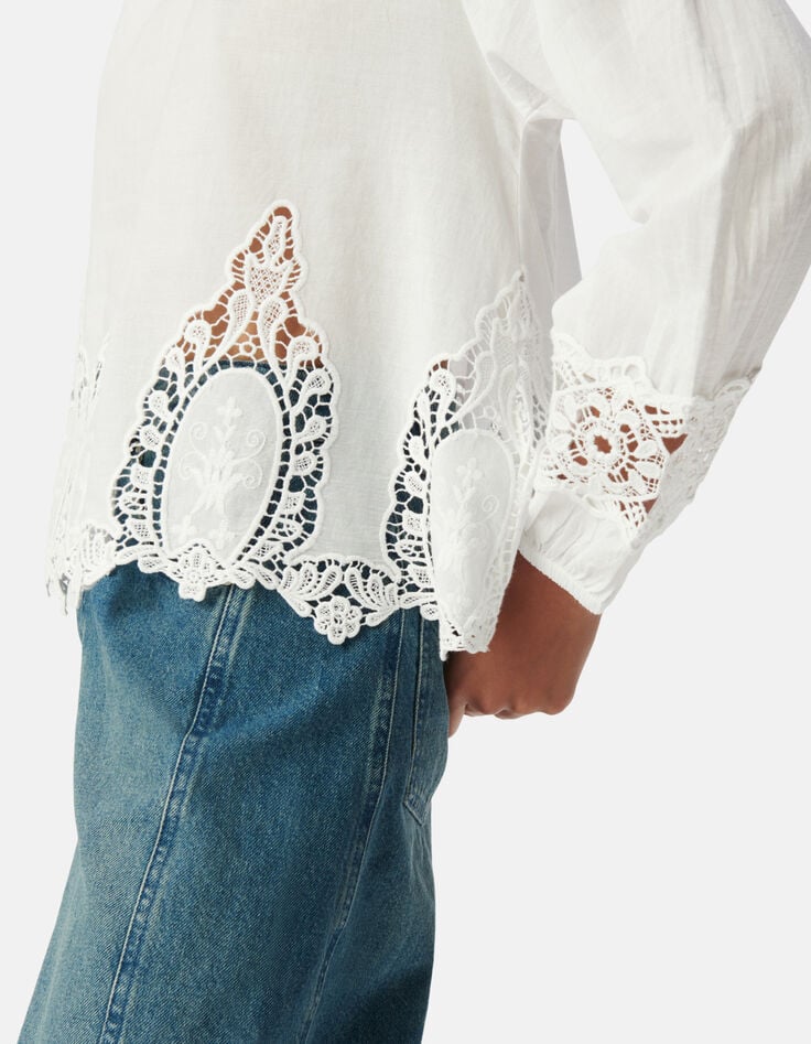 Locker sitzende wei&szlig;e Bluse mit Spitzenstickerei Damen-5