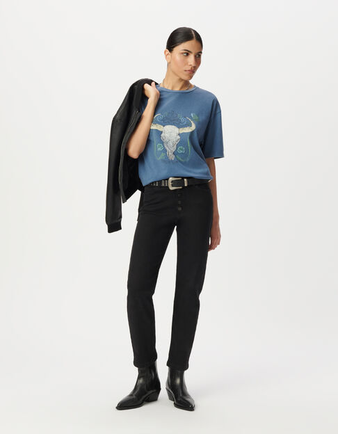 Tee-shirt manches courtes bleu grisé visuel buffle Femme - IKKS