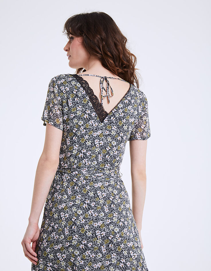 Robe longue en voile imprimé floral col dentelle-3