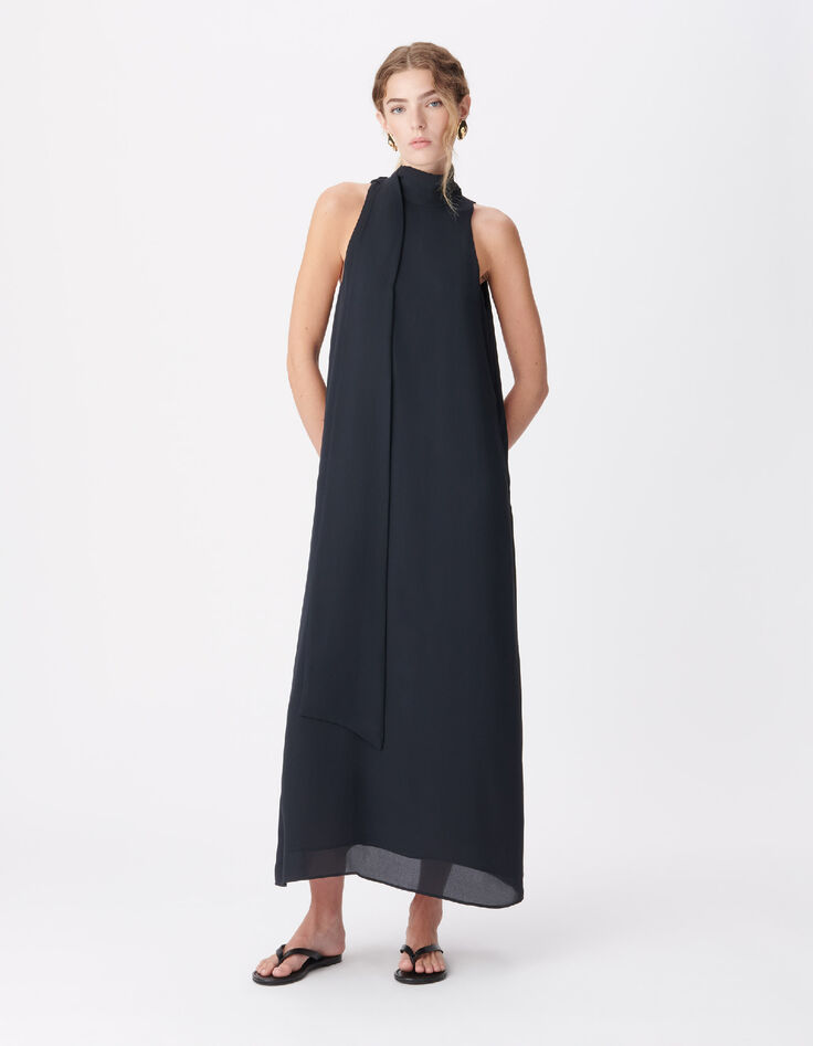 Women's navy long dress with fixed scarf-3