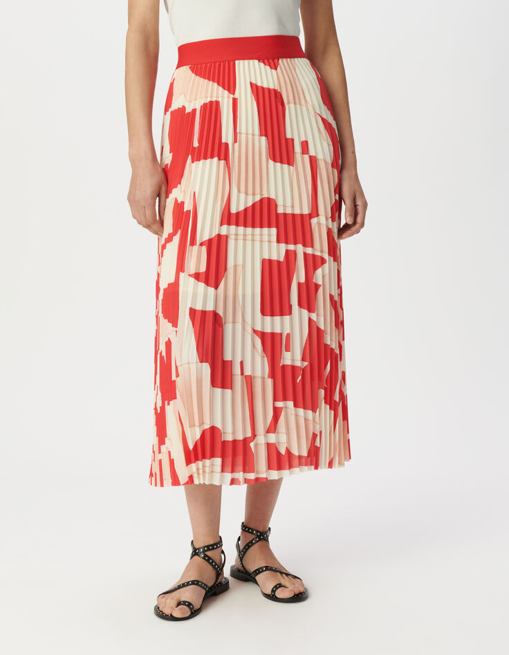 Roter, plissierter, geometrisch bedruckter langer Rock für Damen-3