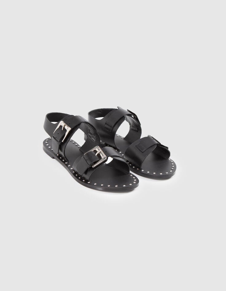 Schwarze Damen-Ledersandalen gesteppte Doppelriemen Nieten-6