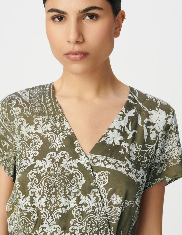 Robe fluide kaki imprimé foulard Femme-5