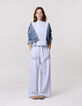 Pantalon LARGE blanc rayures bleues fille-3