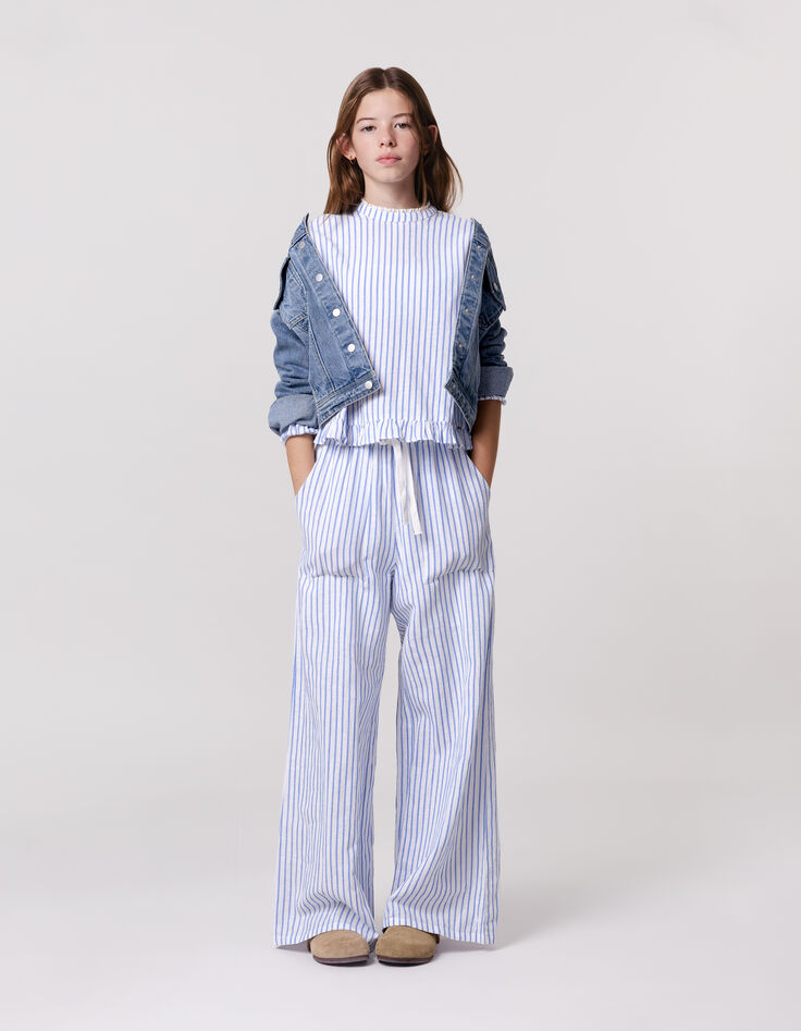 Pantalon LARGE blanc rayures bleues fille-3