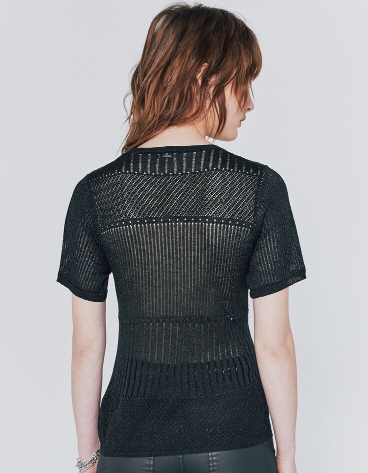 Pull noir métalisé manches courtes maille ajourée femme-2