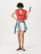 Tee-shirt encolure V rouge message-1