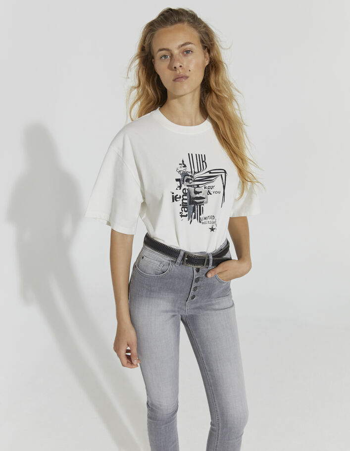 Cremeweißes Damen-T-Shirt im Boxy-Schnitt mit Grafikmotiv - IKKS