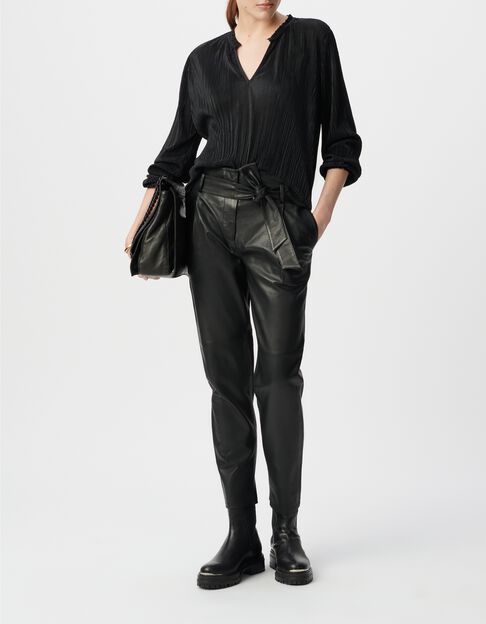 Women's black lambskin leather high-waist trousers - IKKS