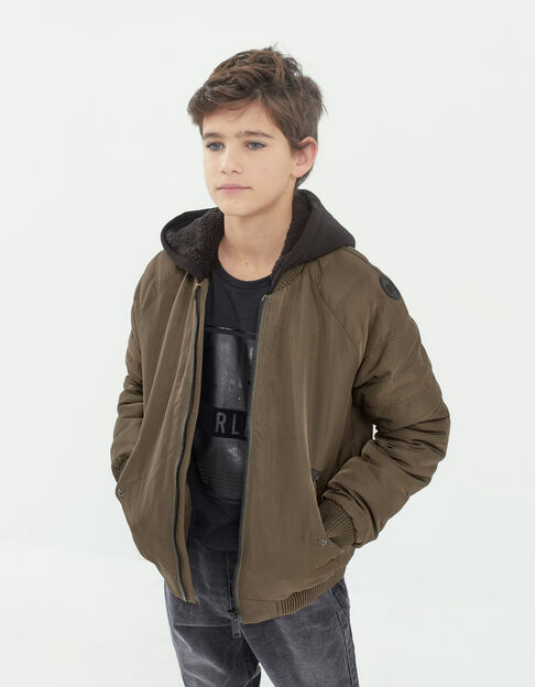 Boys’ khaki hooded fur-lined bomber jacket