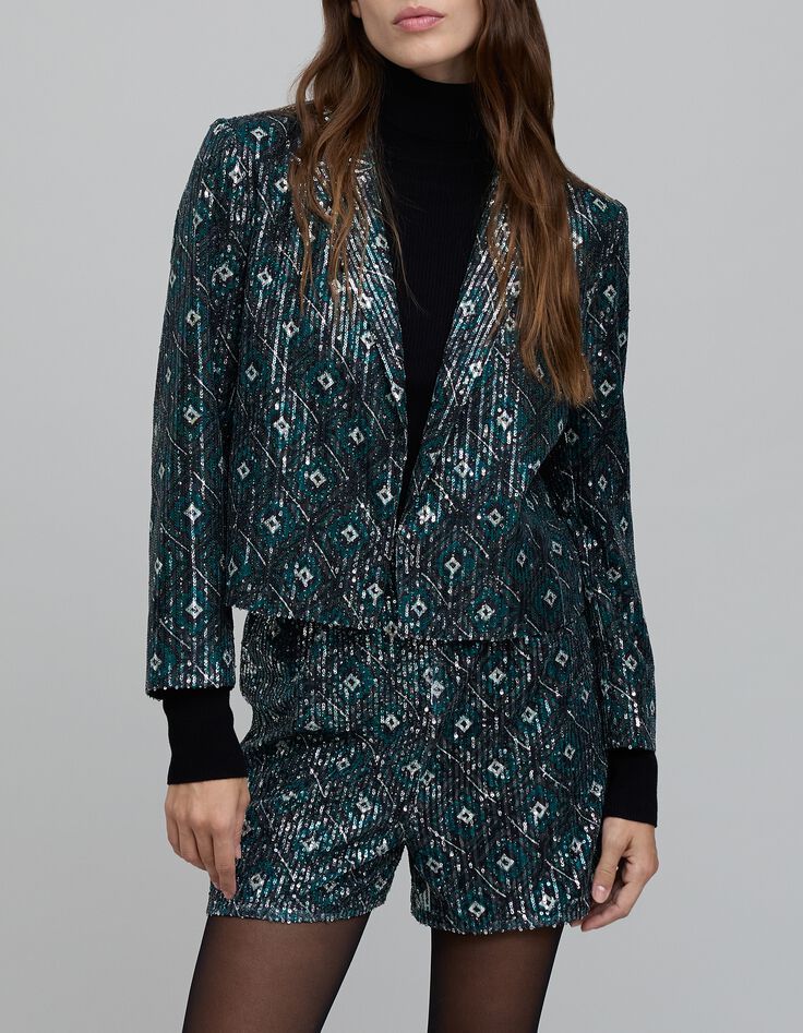 Veste noire imprim&eacute; g&eacute;om&eacute;trique brod&eacute;e sequins Femme-2