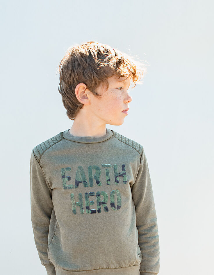 Sudadera caqui con mensaje terciopelo camuflaje niño -2 Sudadera caqui con mensaje terciopelo camuflaje niño -2