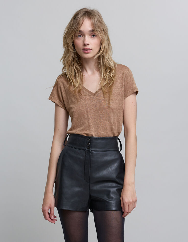 Women's camel foil linen V-neck T-shirt-7