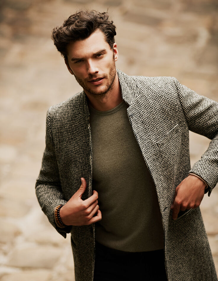 Pull kaki col rond en cachemire Homme-7