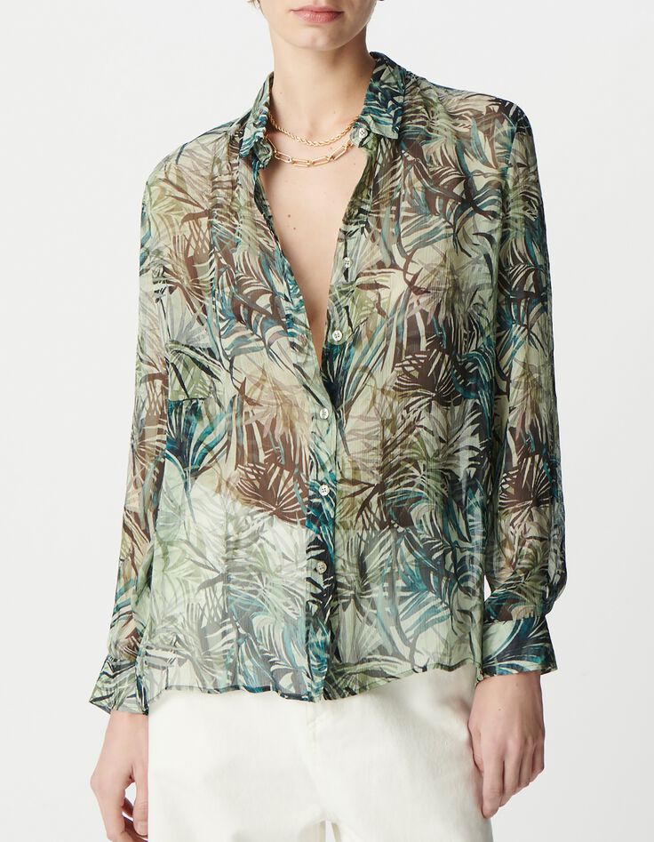 Chemise turquoise imprim&eacute; feuillage Femme-2
