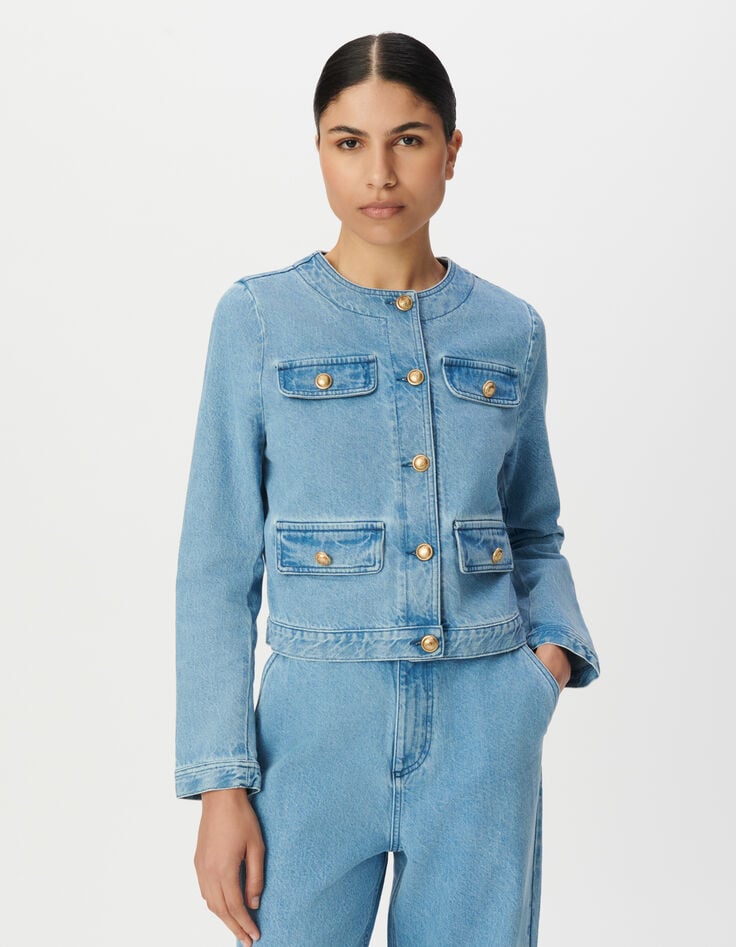Veste en jean bleu waterless sans col Femme-2 Veste en jean bleu waterless sans col Femme-2