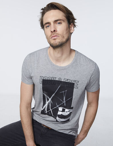 Grau meliertes Herren-T-Shirt Rock&Free mit Laser - IKKS