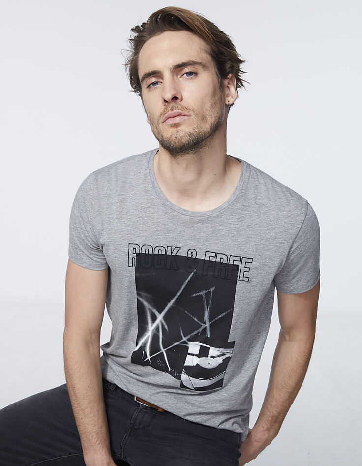 Grau meliertes Herren-T-Shirt Rock&Free mit Laser-1
