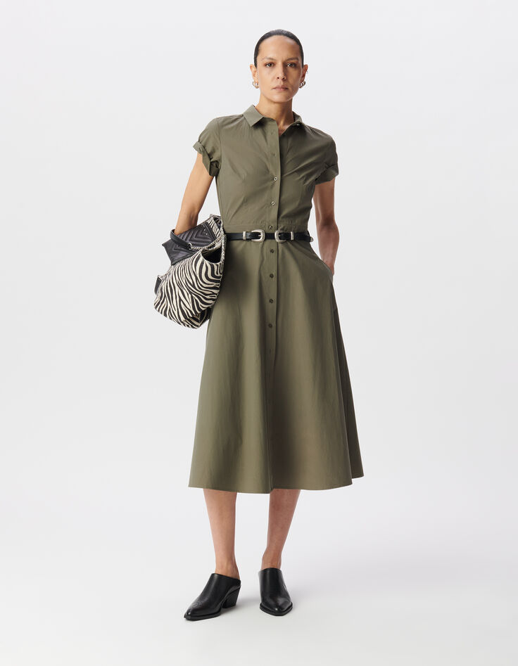 Vestido camisero caqui cinturón midi-1