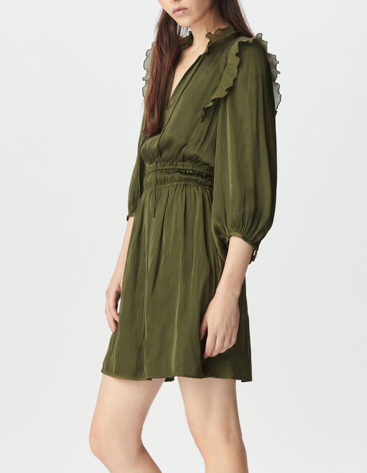 Kaki jurk gekreukt satijn en geplooide volants Dames-3