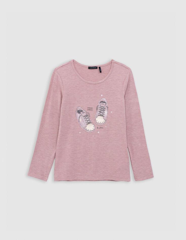T-shirt rose pailleté visuel tennis lacets brodés fille-3