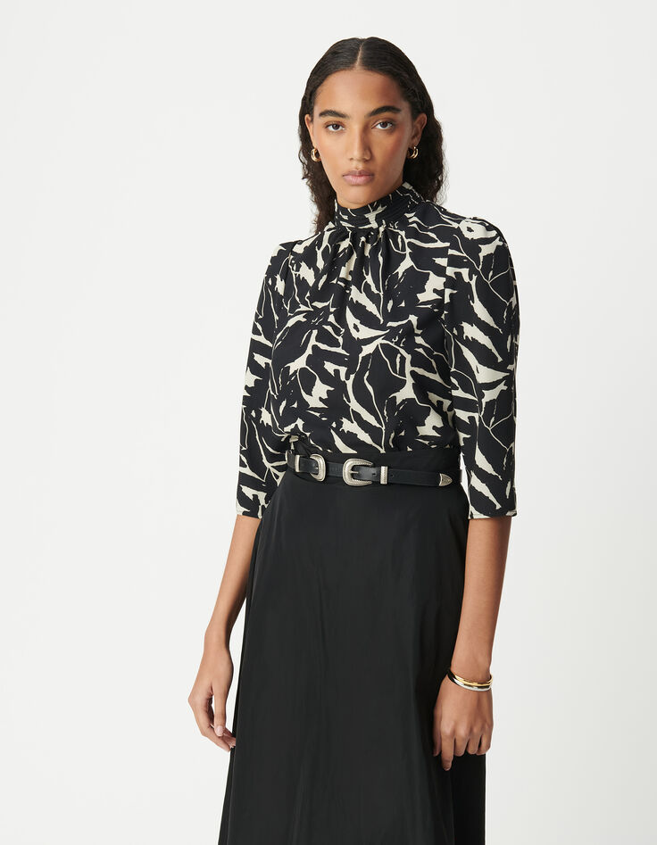 Blouse fluide noire imprimé fleurs zébré Femme-2
