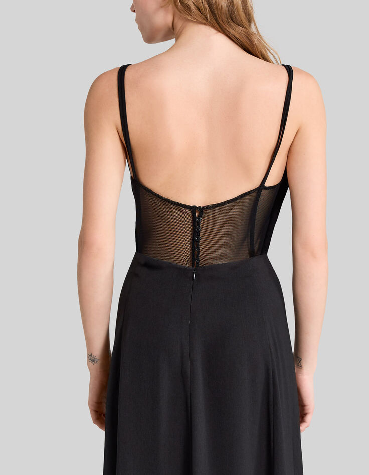 Lange zwarte jurk gerecycleerd meshdetail rug Dames-4