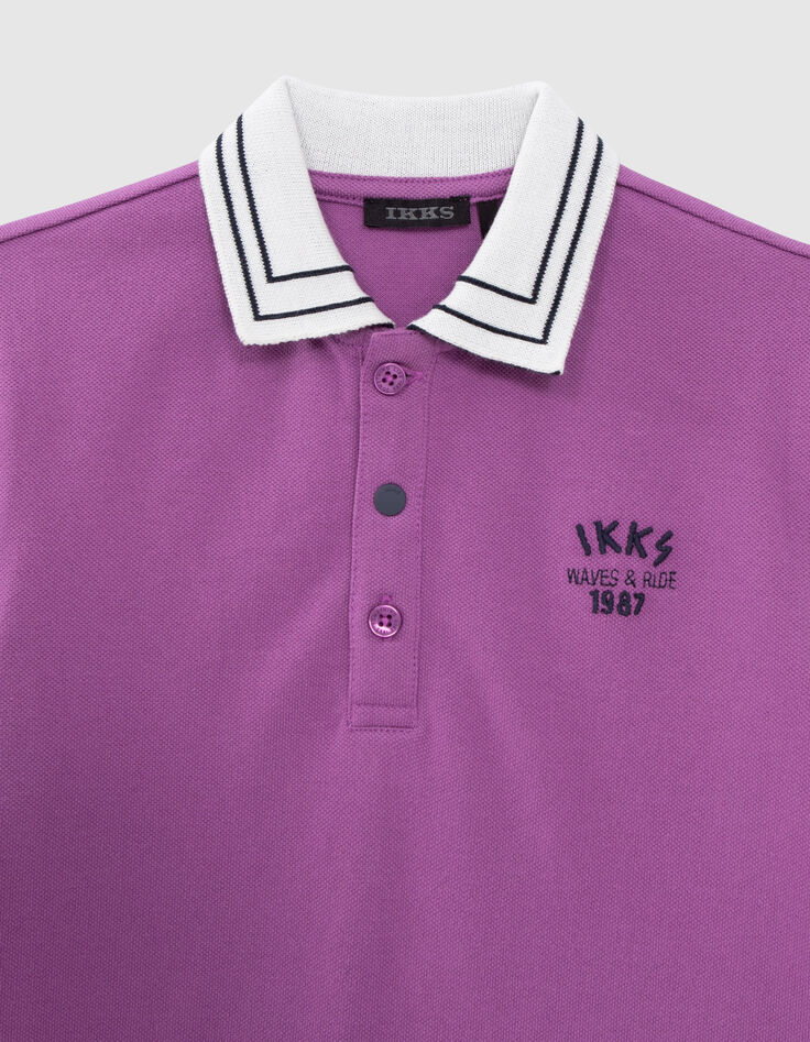 Boys’ purple pique knit polo shirt with striped ribbing-3