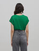 Camiseta verde de punto de lino para mujer-3