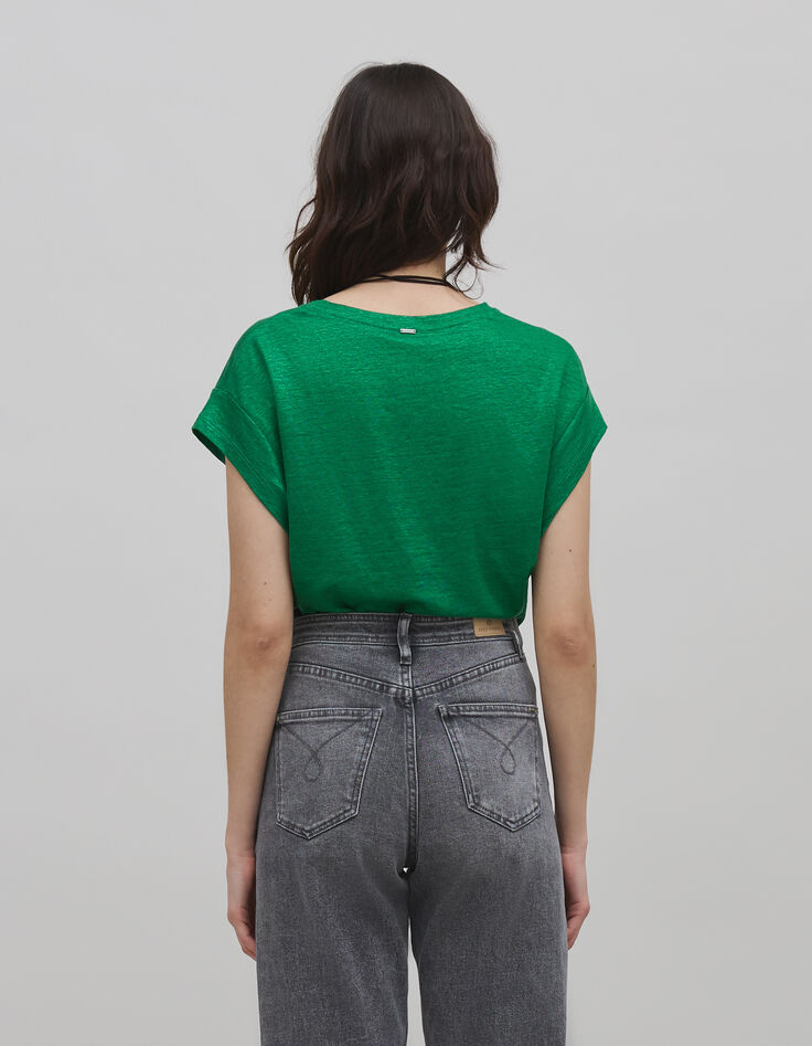 Camiseta verde de punto de lino para mujer-3