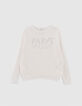Pull blanc cass&eacute; tricot message strass Femme-5