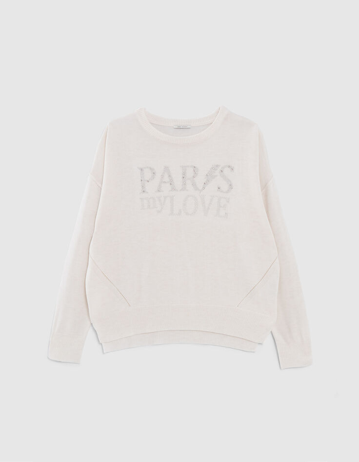 Pull blanc cass&eacute; tricot message strass Femme-5