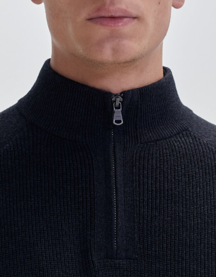 Marineblauer Herrenrippstrickpullover mit Troyerkragen-4
